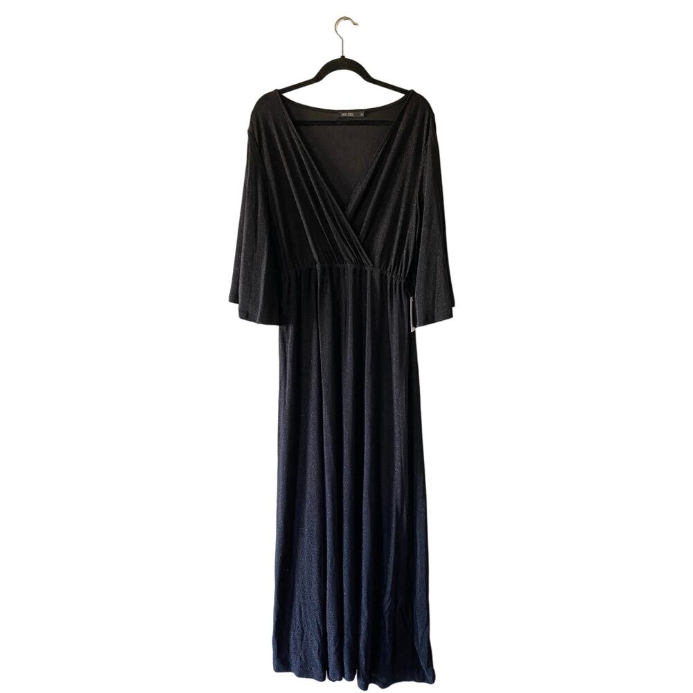 Mikarose Maxi Dress Gown Black Shimmery Glitter Faux Wrap Flutter Sleeve Sz M